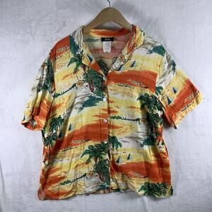 Tapestry Shirt Mens XL Orange Hawaiian Aloha Tropical Short Sleeve Button Up
